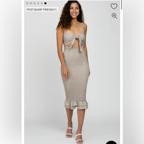 Mocha Gingham Print Smocked Fitted Self-Tie Maternity Midi Dress - Picture 4 of 4